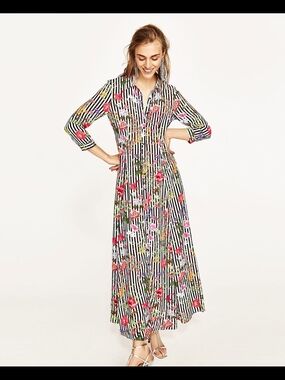 ZARA Boho Black & White Striped Floral Dress Duster, Pockets, Button Front - S